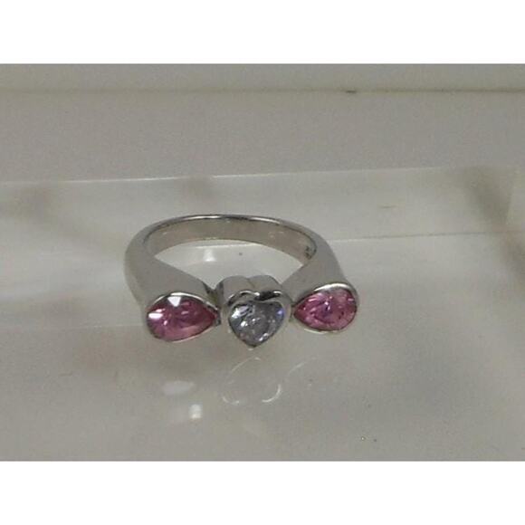 Vintage 1990s Sterling Silver Heart Ring Size 8.75 Pink Ice Simulated Diamond - Picture 5 of 10